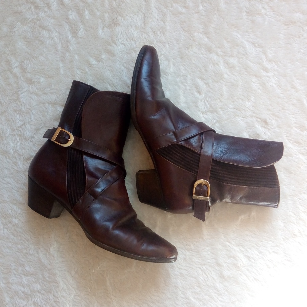 Salvatore Ferragamo Brown Leather Ankle Boots with Gold Buckles